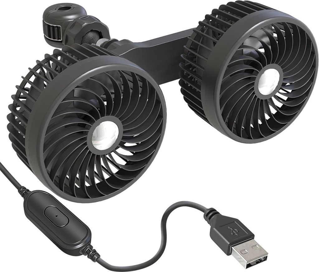 Auto Innenraum Ventilator Doppelkopf, USB Ladeanschluss, 3 Modi, leise, starker Wind, 360° justierbar