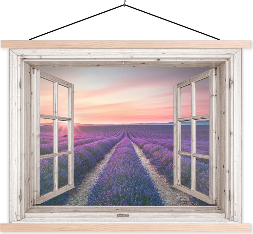 MuchoWow Textilposter Durchsichtig - Lavendel - Blumen - Holz - Sonnenuntergang - Lila 150x113 cm mit holzfarbenen Rahmen - Poster