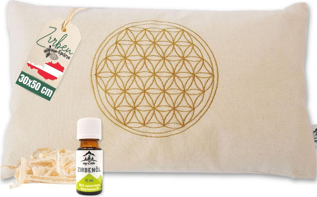 myZirbe Zirbenkissen Blume des Lebens 30x50 cm mit 10ml Zirbenöl gefüllt mit Zirbenspänen