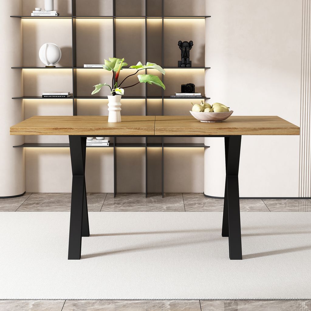 MODFU Esstisch Esszimmertisch Rechteckig, Küchentisch mit Metallbeinen, Tisch für Esszimmer Wohnzimmer,Design mit gekreuzten Beinen,Naturbelassen