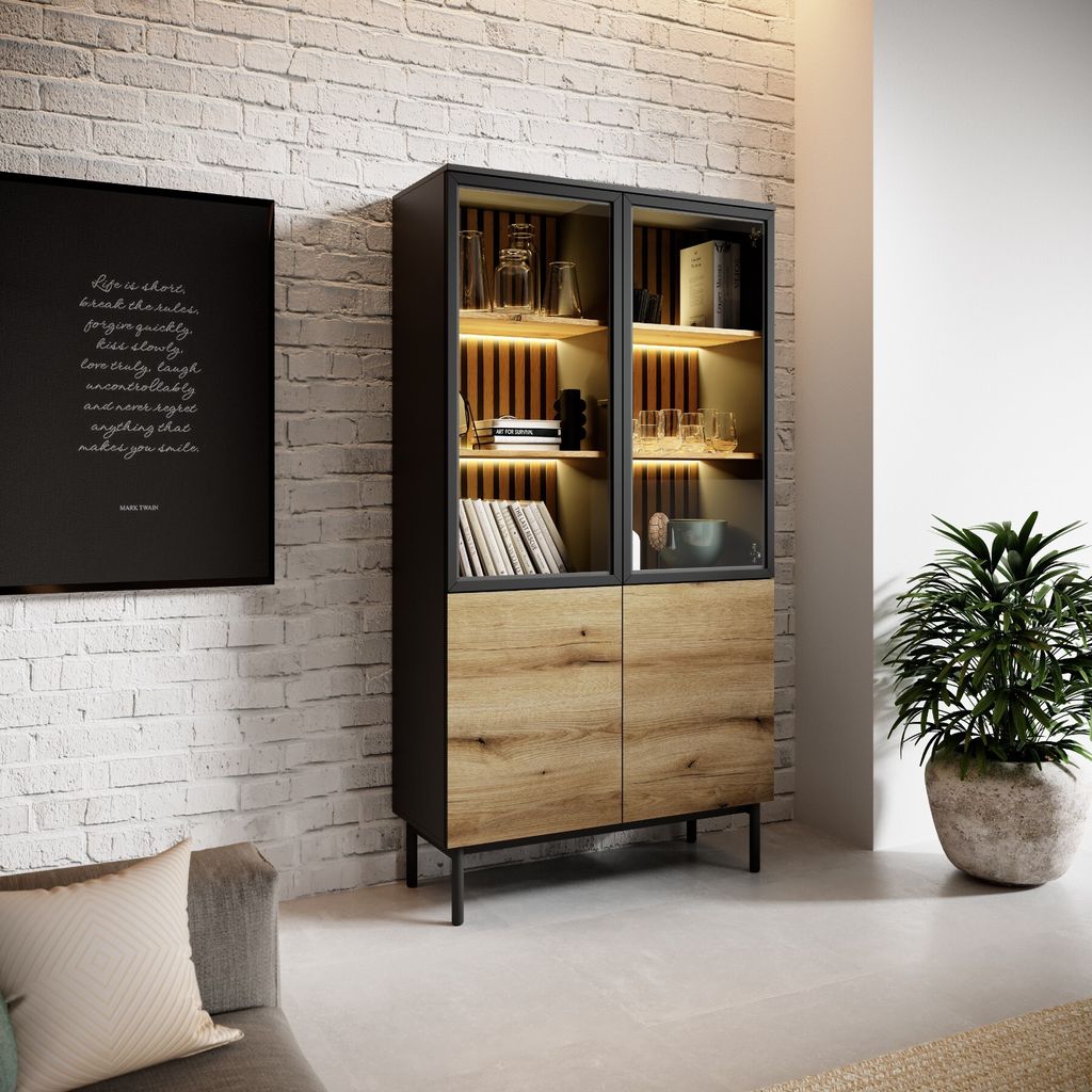 Hochvitrine Eiche Evoke/Schwarz Mit Lamellen Und Produktbild 