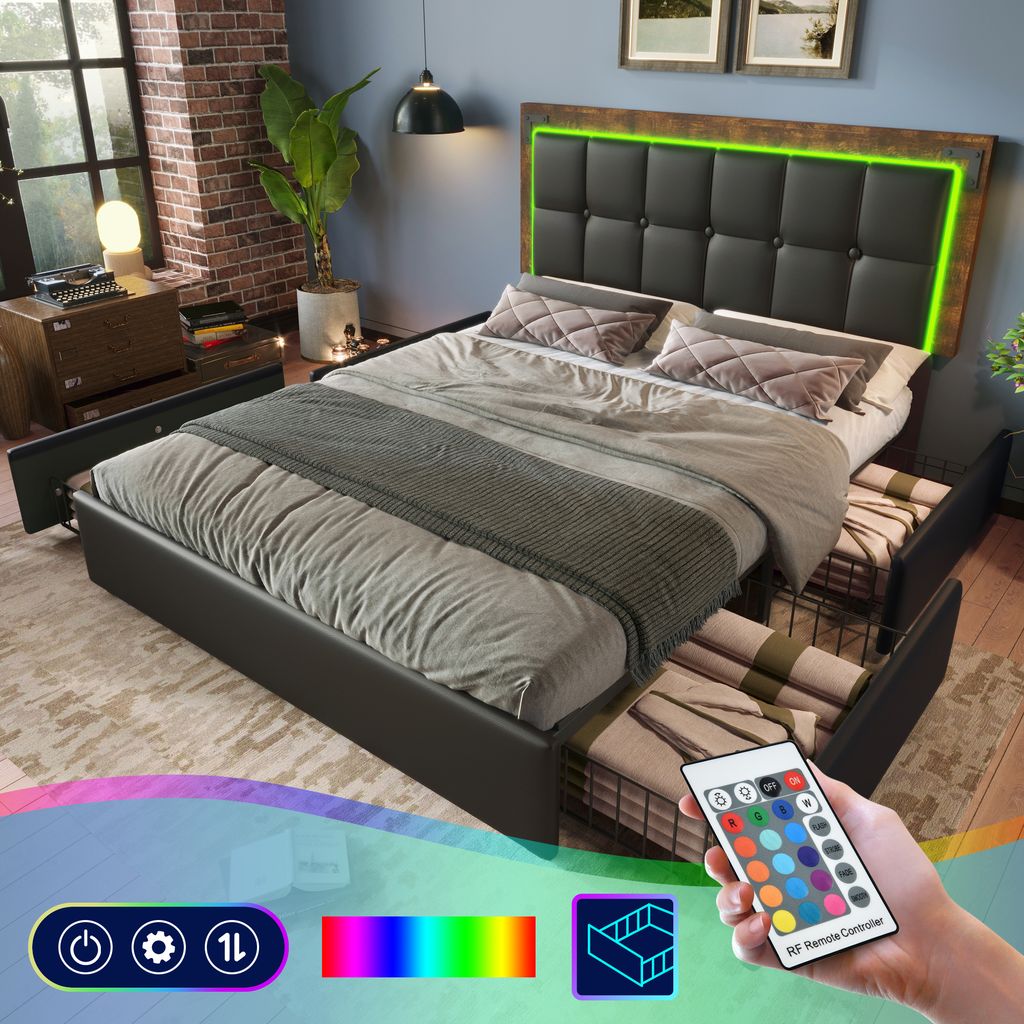 Flieks Polsterbett 160x200cm mit 4 Schubladen, Doppelbett Jugendbett mit LED, Stauraumbett Holzbett Funktionsbett mit Lattenrost, PU, Schwarz