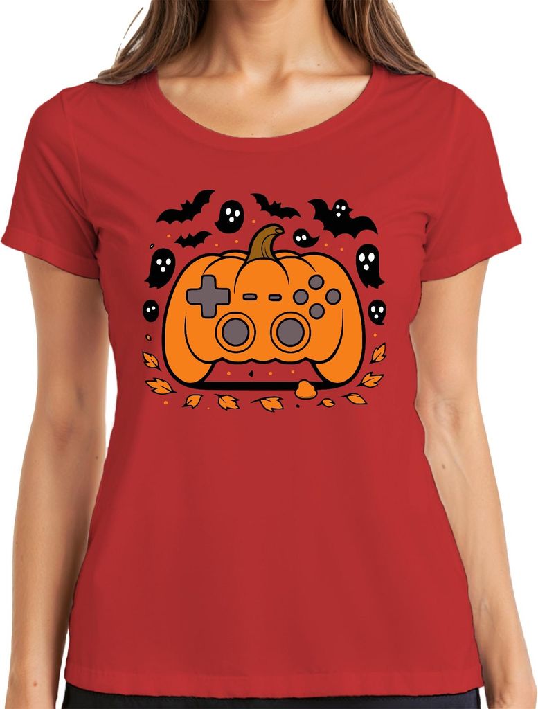 Halloween Kürbis Controller Gamer Geschenk Geister Herbst Zocker Damen T-Shirt, Rot, L