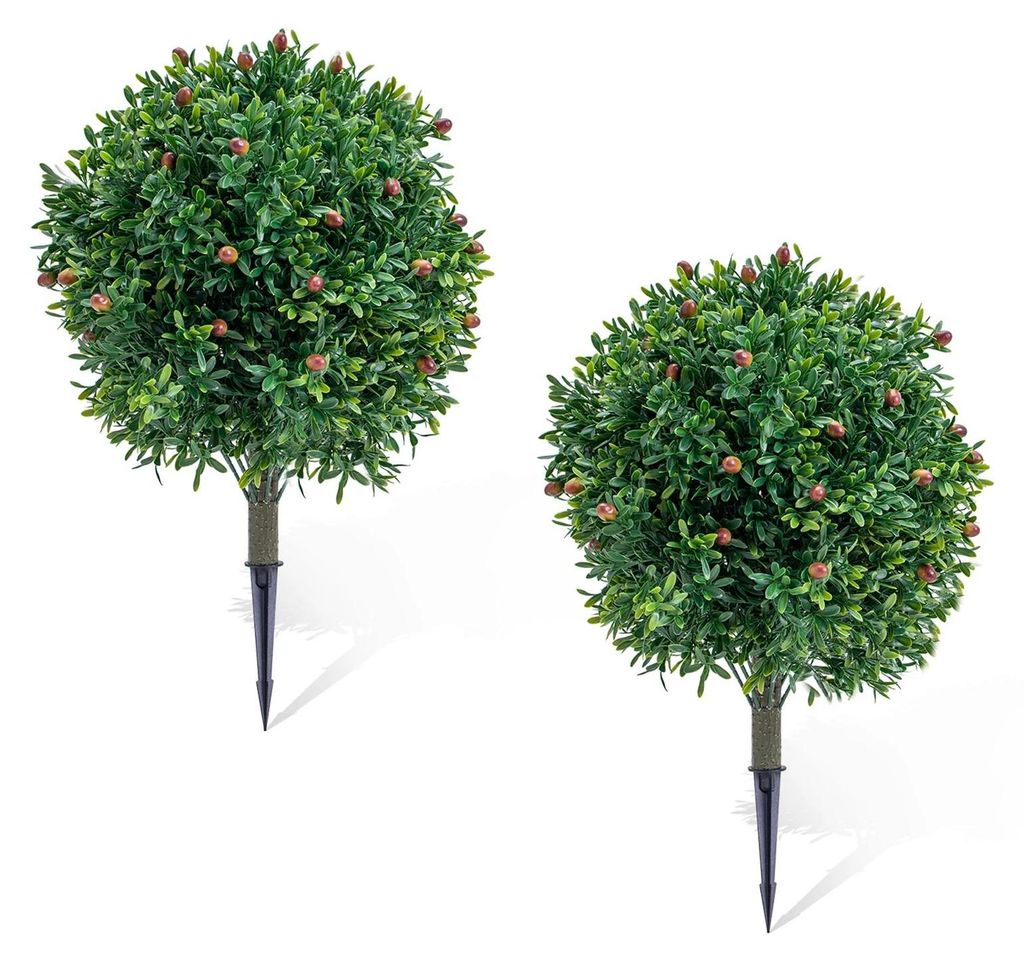 Künstliche Topiary-Kugelbäume - Mit Erdspieß - 2er-Set - Höhe 65 cm - UV-beständig - Für draußen - PE-Material - Grün