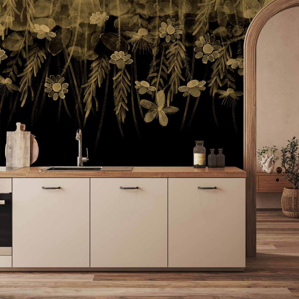 Vlies Fototapete - Nature landscape - black abstract nature motif with flowers in sepia 350x256 cm Blätter b-A-10096-a-b