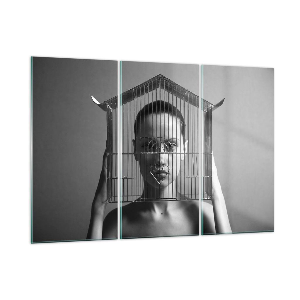 Bilder auf glas - 3 Teile - Schwarzweiß Frau Käfig - 165x110cm - Glasbilder - Wandbilder - Bilder - zum Aufhängen bereit - Wanddekoration aus Gl...