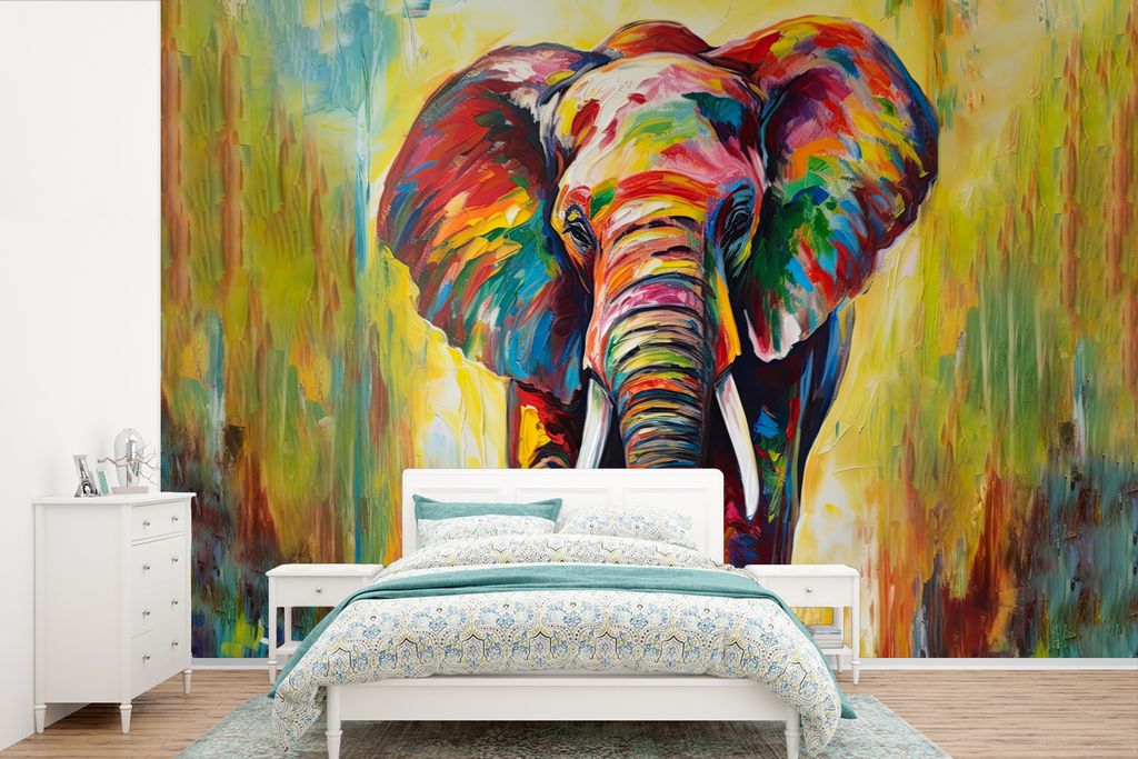 MuchoWow Fototapete für Wohnzimmer oder Schlafzimmer Wandtapete Vinyl Motivtapete Elefant - Kunst - Malerei - Tiere - Regenbogen - 525x350 cm - ...