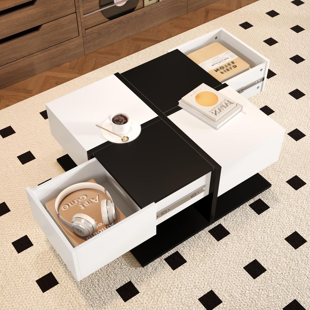 Merax Couchtisch 70x70x35,5 cm mit 2 Schubladen, minimalistischer Kaffeetisch mit Stauraum, Beistelltisch mit Hochglanz-Oberfläche, Schwarz und Weiß