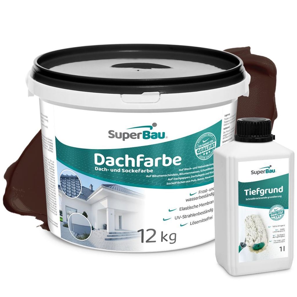 Superbau Dachfarbe Braun 12kg, SET MIT TIEFGRUND 1L, Sockelfarbe WASSERDICHT, Dachbeschichtung für Blechdach, Bitumen, Dachpappe, Schindeln, Putz