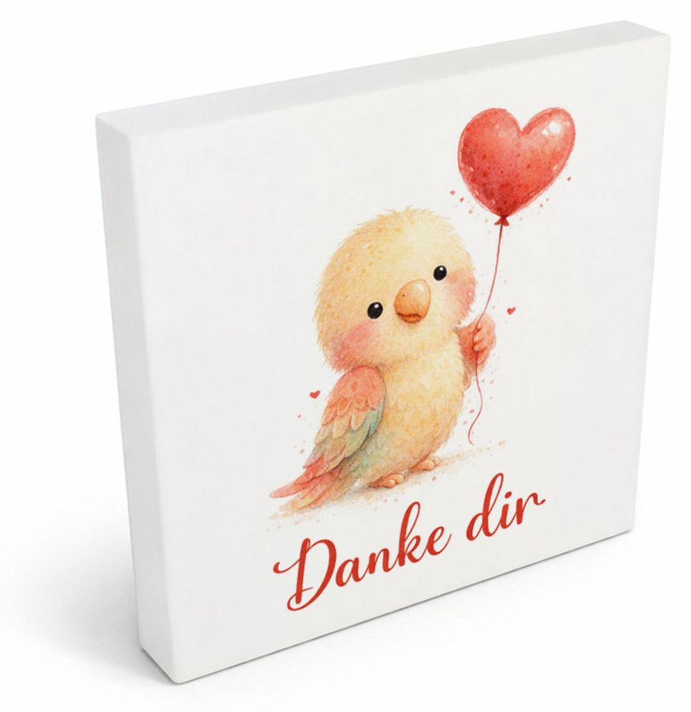 Papagei Herzballon Danke dir Holzbild in 10x10 cm zum Stellen oder Aufhängen