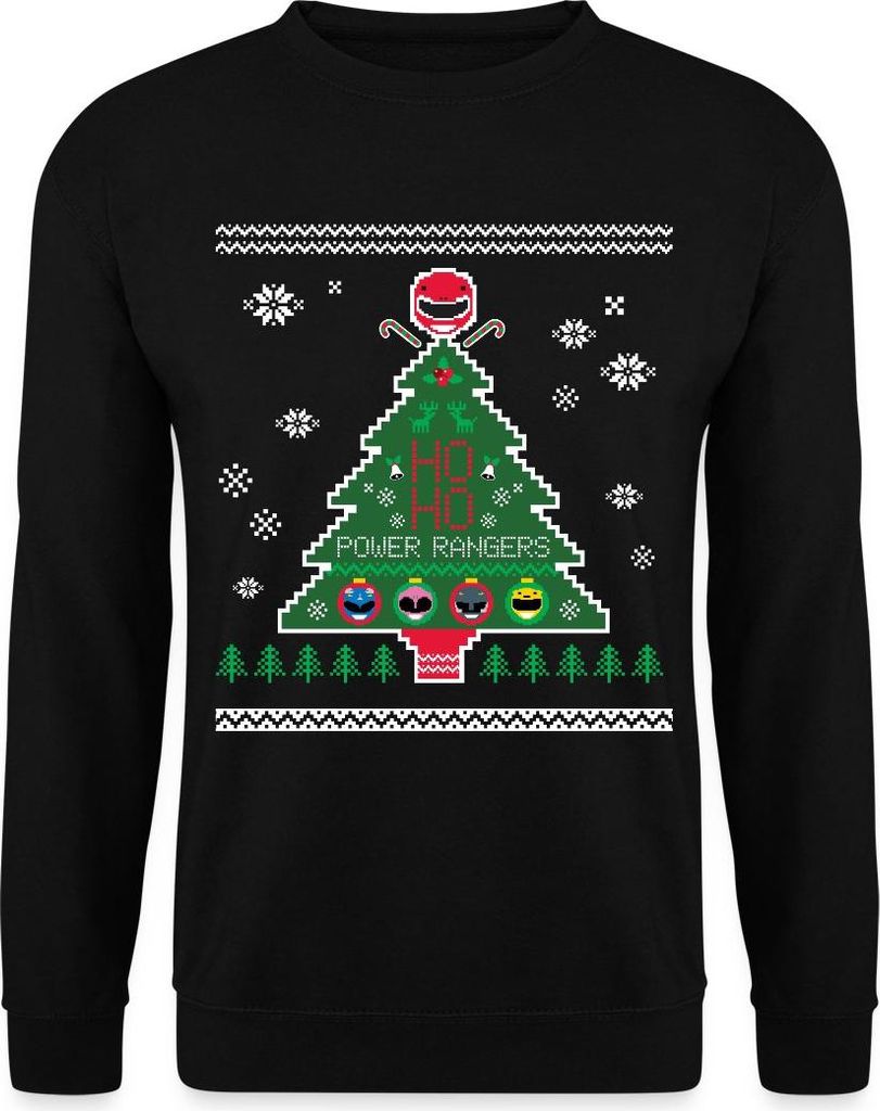 Spreadshirt Power Rangers Ugly Christmas Weihnachtsbaum Uni Pullover, XXL, Schwarz