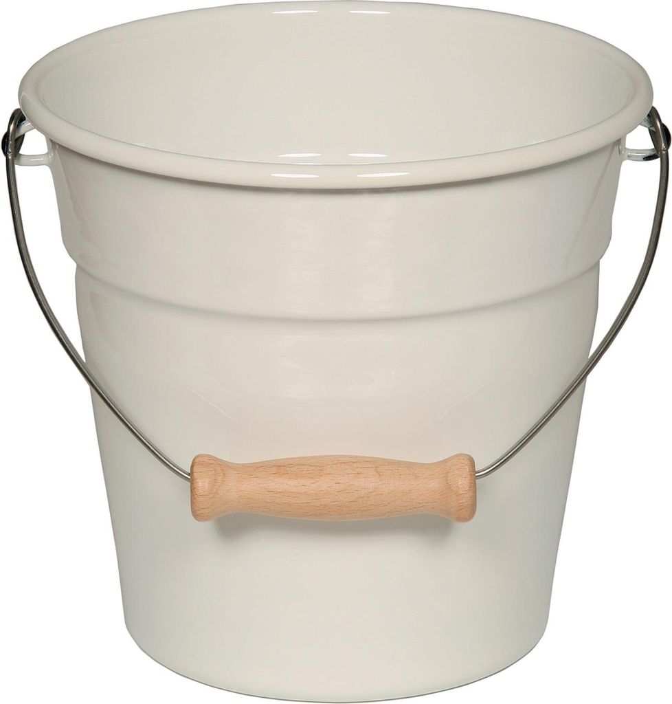 A white enamel bucket with a wooden handle and a metal bail handle.