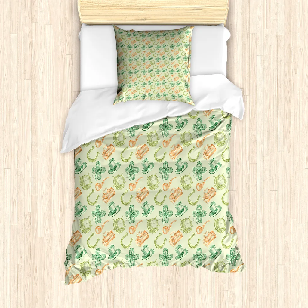 ABAKUHAUS Set copripiumino a quadrifoglio per letti singoli, Irish Folk, antiacaro, adatto a chi soffre di allergie, con federa, 135 cm x 200 cm - 80 x 80 cm, verde chiaro multicolore