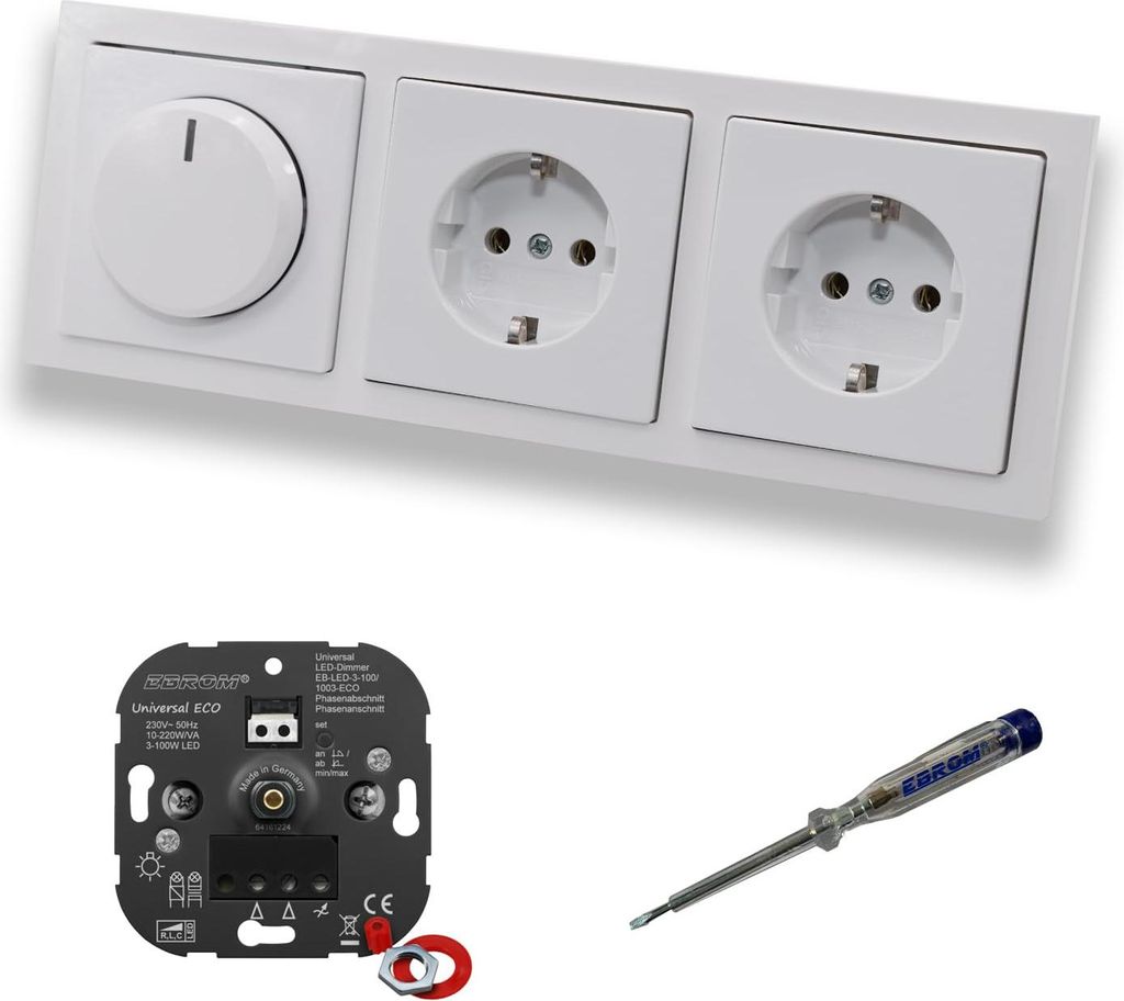 EBROM 1003 Universal ECO LED Drehdimmer Dimmer + Busch Jäger Dimmerscheibe 6540-84-102 und 2 x Steckdose 20EUC-84 in Future Linear Studioweiß gl...