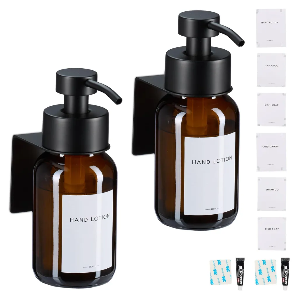 Lot de 2 distributeurs de savon muraux en verre ambré 250ml sans perçage