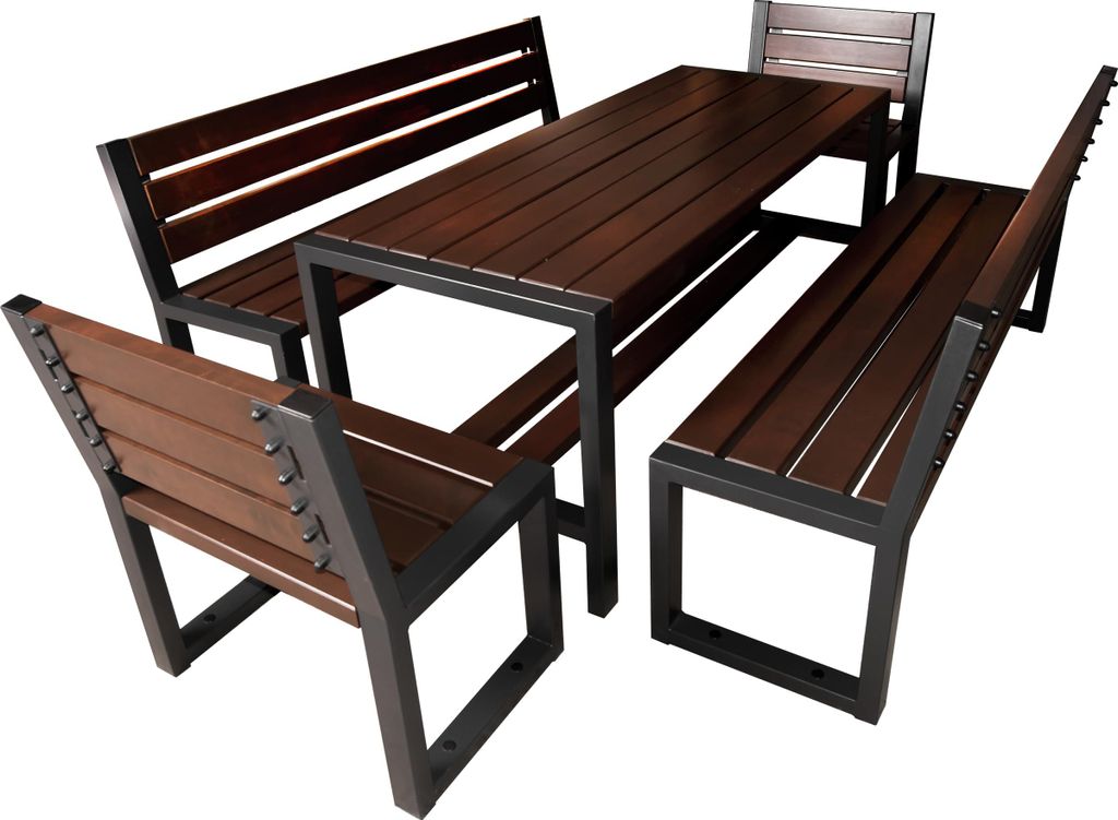 Gartenmöbel Set für 8 Personen - Moderne Sitzgruppe mit Tisch, 2 Bänken & 2 Stühlen ohne Armlehne - Terrassenmöbel aus Erlenholz und Stahl - W...