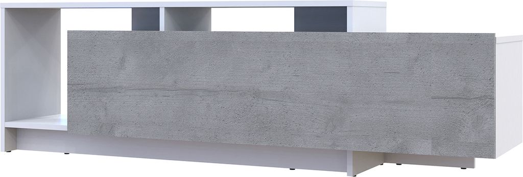 A white and gray TV stand with a wood-grain texture on the front panel.