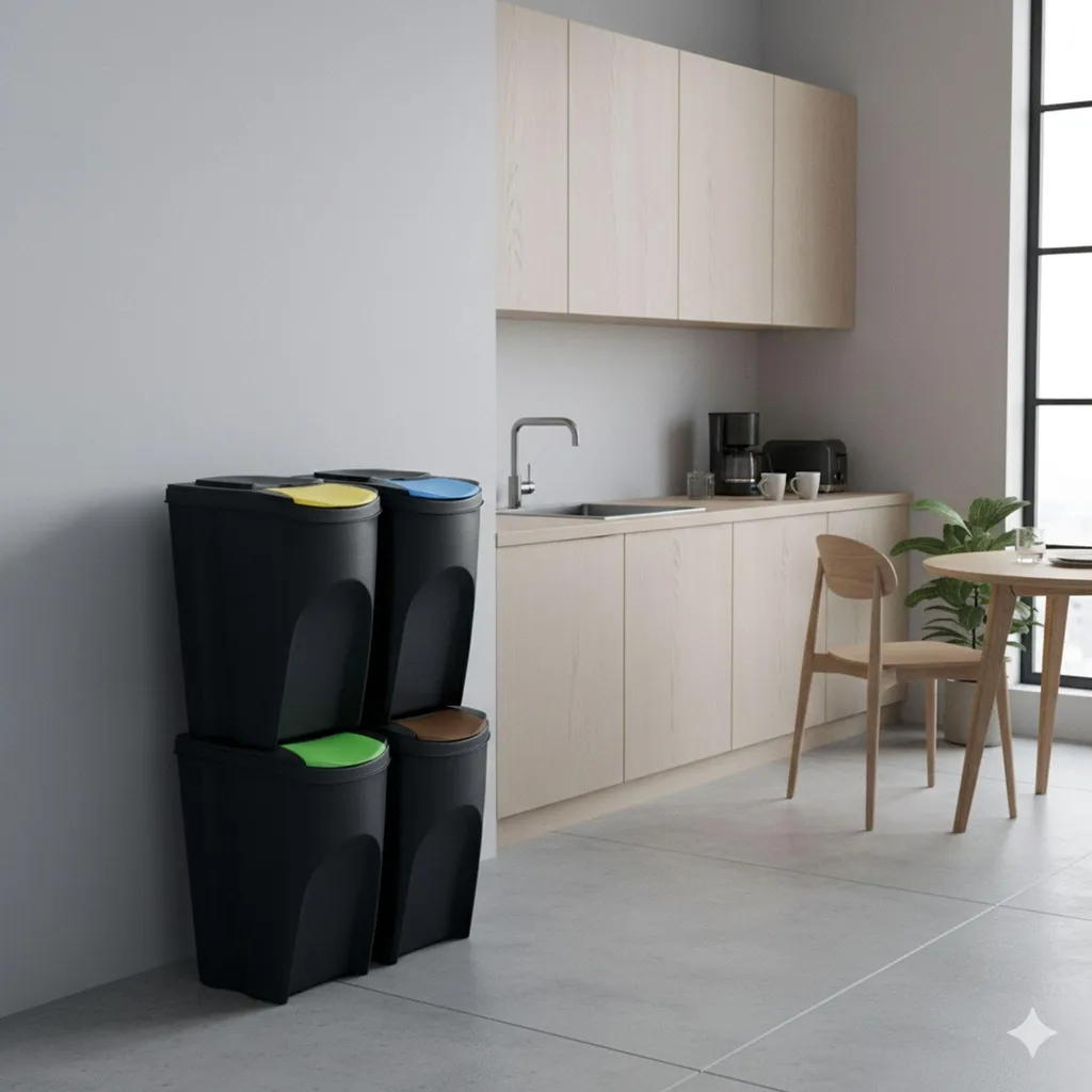 Poubelle de tri 4 compartiments 35L robuste noir bordure couleur - 5