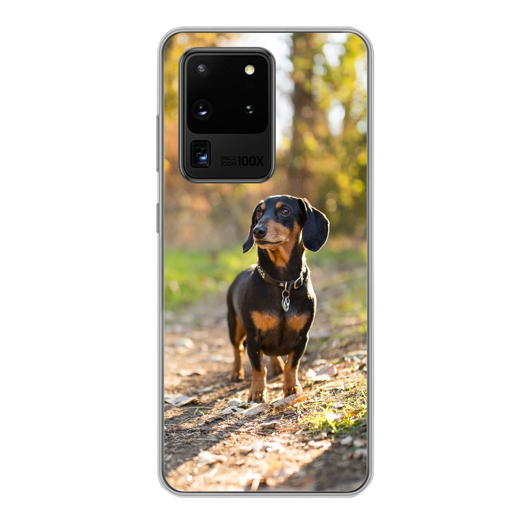 MuchoWow Handyhülle Schutzhülle Hülle für Samsung Galaxy S20 Ultra Ein schöner Dackel im Wald Silikon Softcase Handy Hülle - Karteninhaber