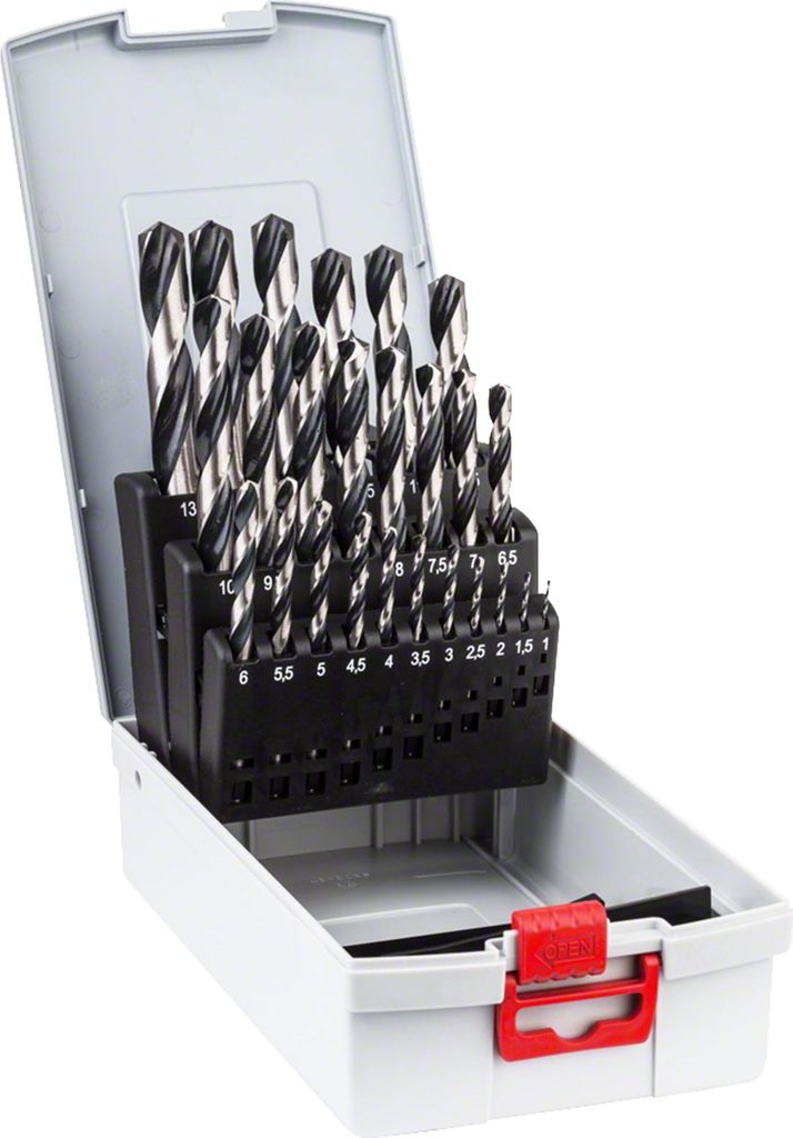 A set of drill bits in a plastic case.