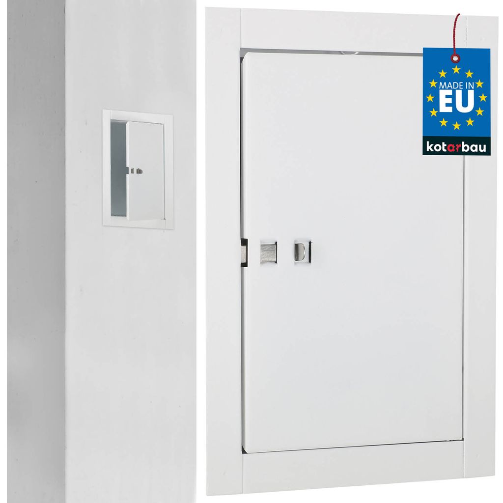 A white metal access door with two handles, shown next to a white wall with a smaller access door.