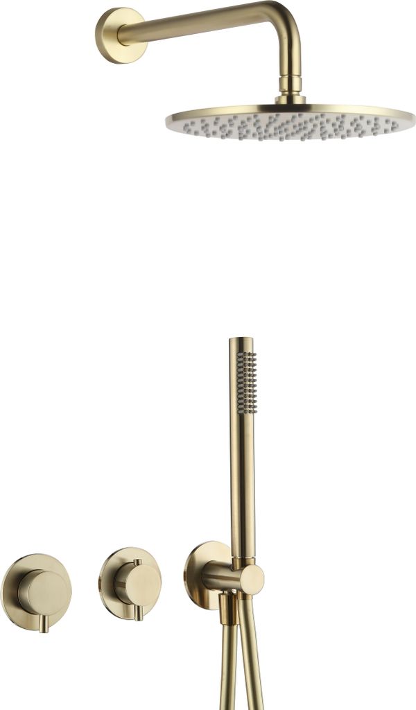 BB Rain Unterputz Duschsystem mit Thermostat und Umsteller, Handbrause & Brauseschlauch + Brausearm & Rain Kopfbrause, gold gebürstet