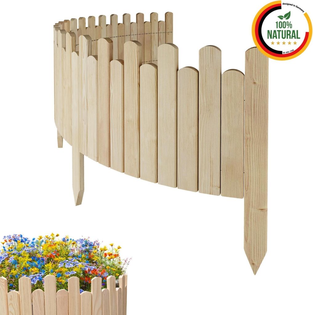 Floranica Rasenkante 200 x 30 cm Unbehandelt Flexible Beeteinfassung aus Holz als Rollborder Palisade Gartenzaun