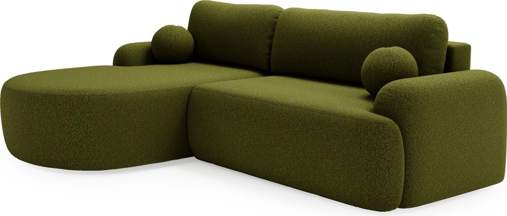 BETTSO Elegante grüne CLOUDY-Ecke links aus Lammfellstoff mit abgerundeten Seiten und dekorativen kugelförmigen Kissen