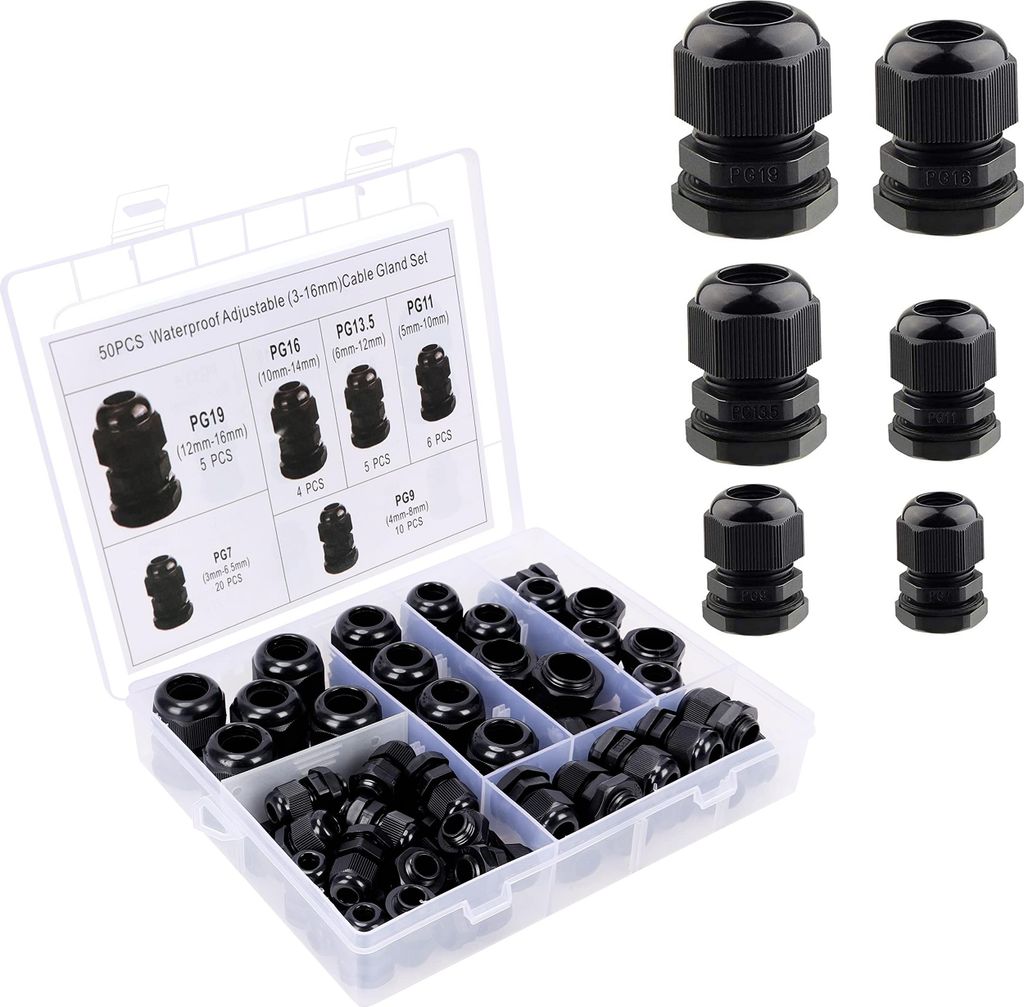 Belle Vous 50 Stk Verstellbare Wasserdichte Kabeldurchführung - 3-16 mm PG7, PG9, PG11, PG13.5, PG16 und PG19 - Kunststoff Kabelverschraubung Set mit