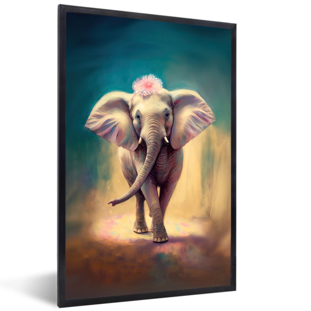 MuchoWow Gerahmtes Poster Elefant - Tiere - Malen - Blumen - Porträt 20x30 cm - Poster mit Schwarzem Bilderrahmen Wandposter Rahmen Foto Bilder ...