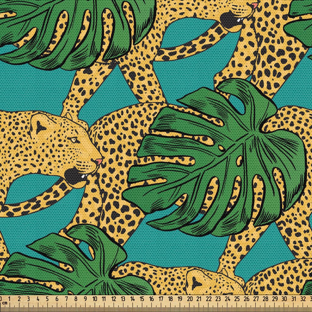 ABAKUHAUS Jaguar Gewebe als Meterware, Leopard Exotischer Blätter Tropical Elemente Dschungel Fauna Buntes Muster, 3 M (148 x 300 cm), Gelb Teal G...