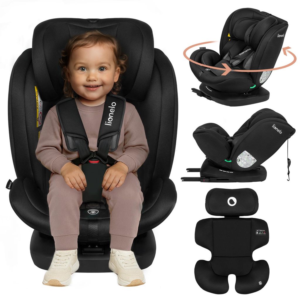 A collage of images showing a baby in a car seat, a rotating car seat, a car seat in a tilted position, and a car seat insert.