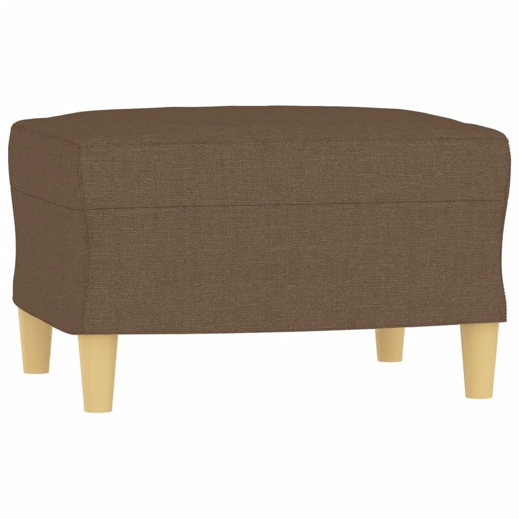 A brown fabric ottoman with four light-colored wooden legs, shown against a white background.