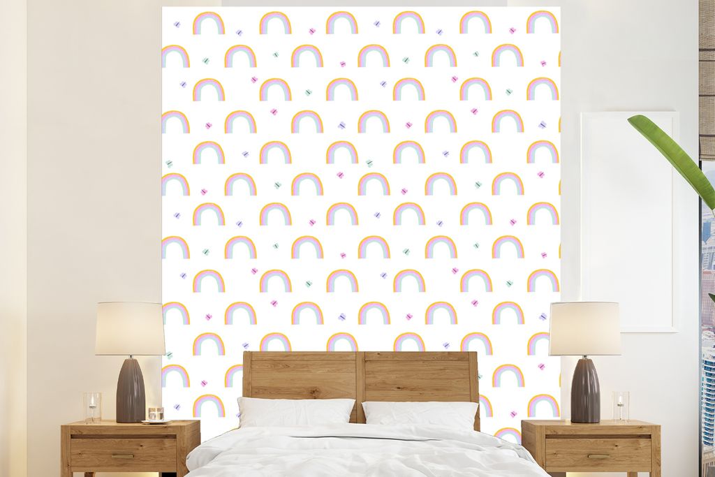 MuchoWow Fototapete für Wohnzimmer oder Schlafzimmer Wandtapete Vinyl Motivtapete Regenbogen - Schmetterling - Baby - 195x240 cm - Gemusterte