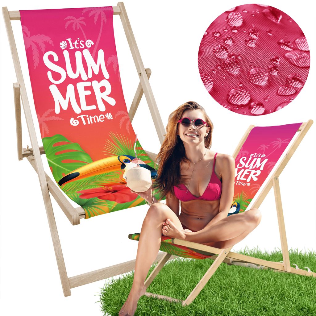 Holz-Liegestuhl „It's Summer Time“ mit Druck klappbar Garten Strand Balkon