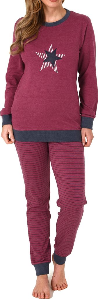 Damen Frottee Pyjama mit Bündchen und Stern Motiv - Hose gestreift - auch in Übergrössen ; beere , 60/62