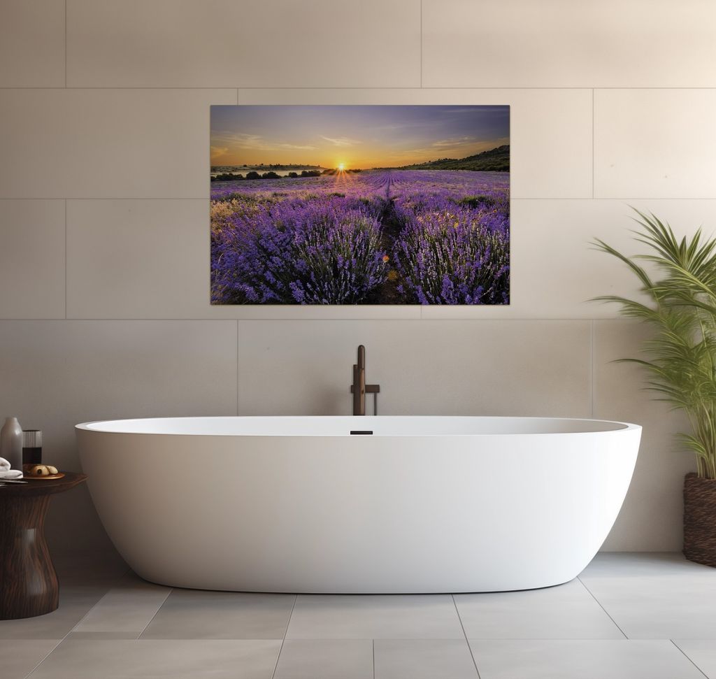 Wallario wasserfestes Poster selbstklebend 91,50 x 61 cm, Sonnenuntergang über dem Lavendel, Badezimmerposter Spritzschutz mit Hochglanzoberfläch...