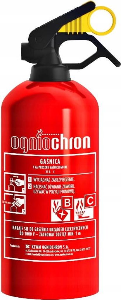 A red fire extinguisher with black and yellow accents, shown against a white background.