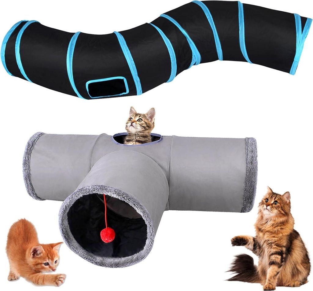 Kattentunnel 3-weg S-förmiges Labyrinth Spieltunnel - Spielzeug für Katzen und Kaninchen - Blau Grau