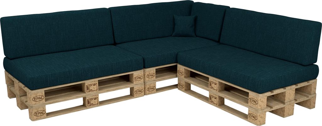 A sectional sofa made from wooden pallets with dark green cushions.