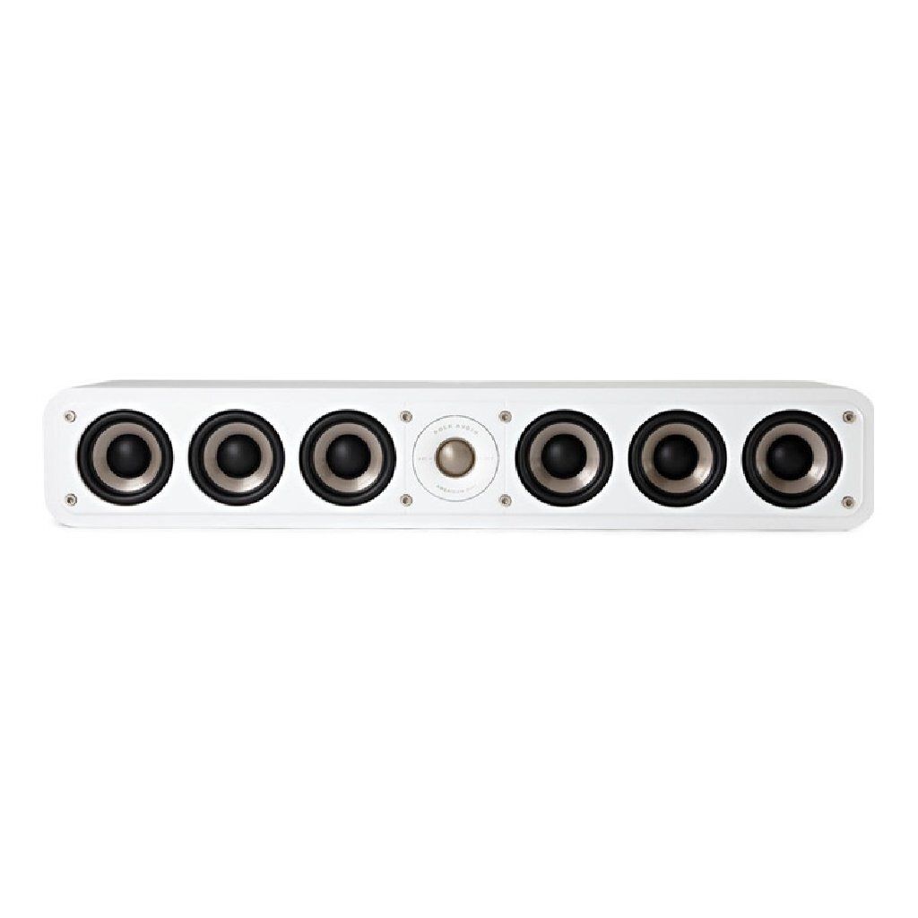 A white soundbar speaker with multiple drivers is shown against a white background.