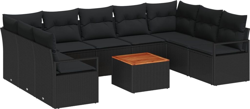 Möbel 10-teilige Garten Sofa Set mit Kissen Schwarz Poly Rattan Akazie, 2-Sitzer Garten Sofa mit Stauraum & Kissen Schwarz Poly Rattan - Gartensof...