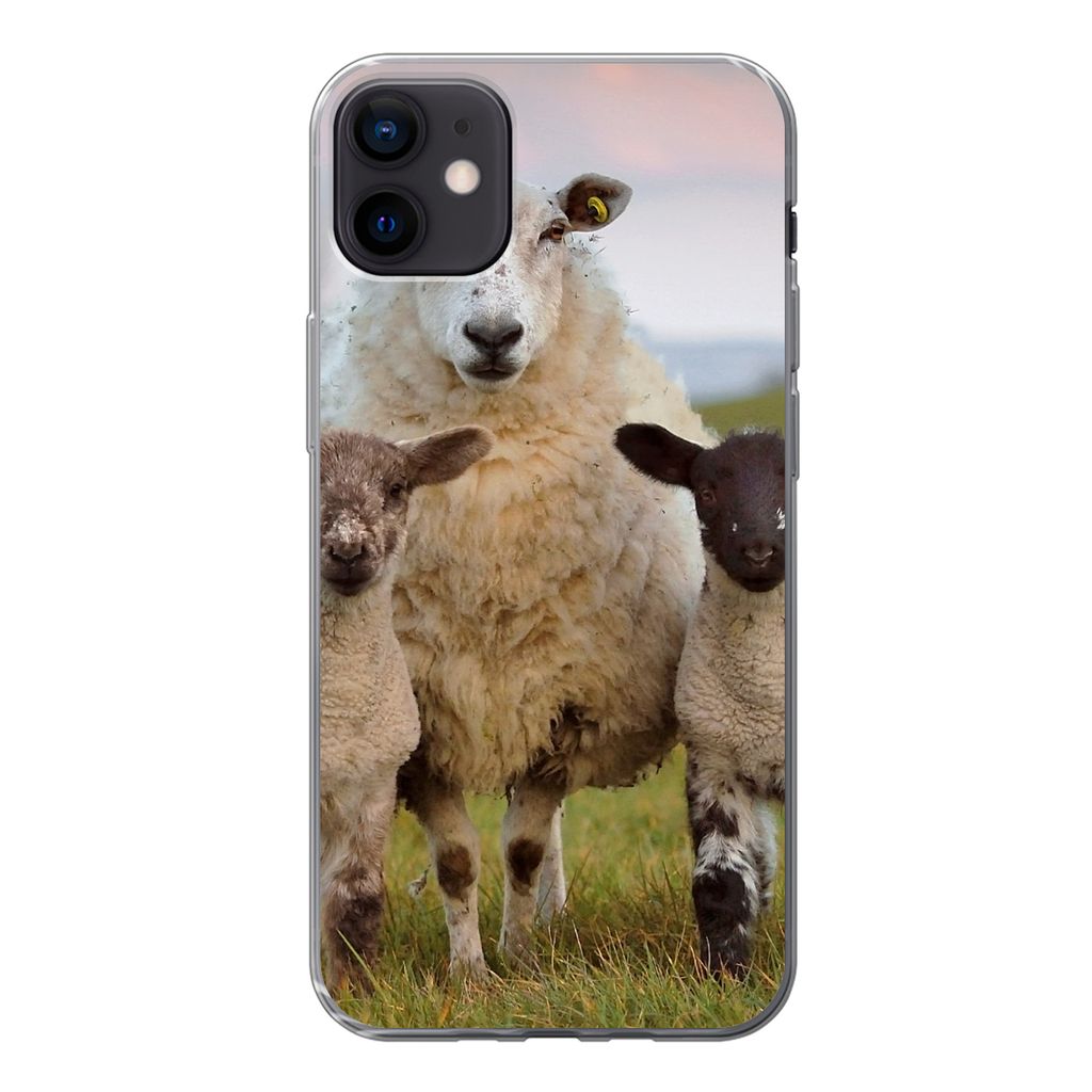MuchoWow Handyhülle Schutzhülle Hülle für iPhone 12 mini Schafe - Natur - Schwarz - Weiß Silikon Softcase Handy Hülle - Bild
