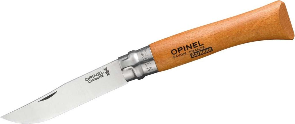 A single Opinel folding knife with a wooden handle and a steel blade is shown against a white background.