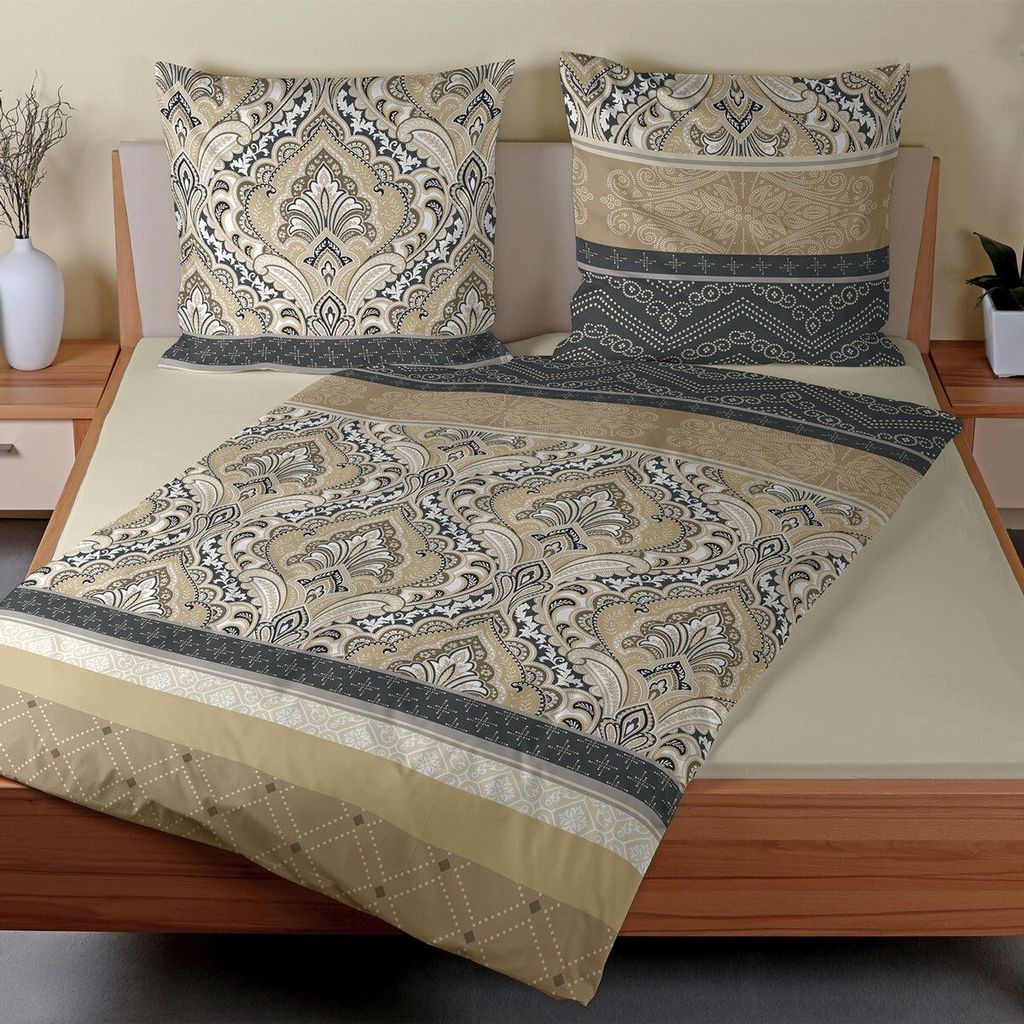 Traumschlaf Biber Bettwäsche Verena beige anthrazit 155x220 cm + 80x80 cm