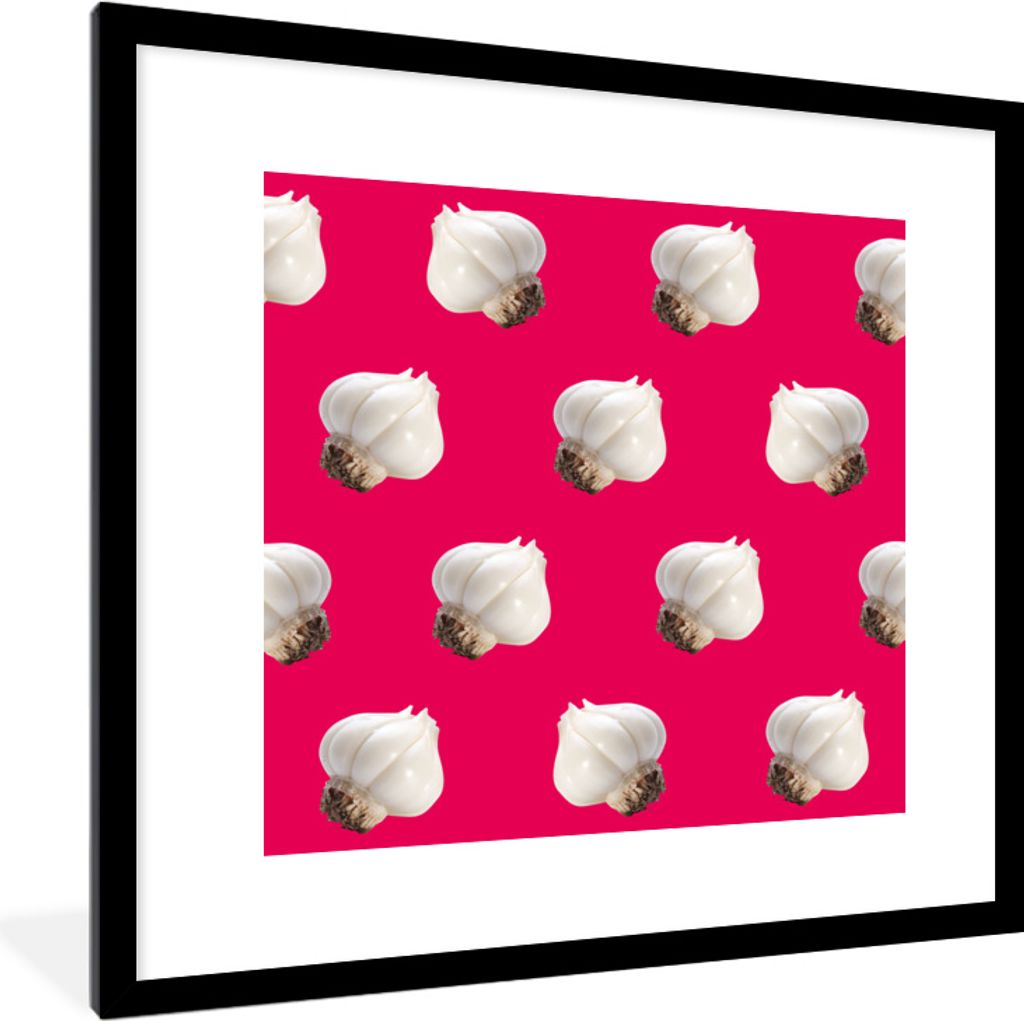 MuchoWow MuchoWow Gerahmtes Poster Knoblauch - Gemüse - Muster - Rot 40x40 cm - Poster mit zchwarzem Bilderrahmen - Poster - Plakat im Rahmen