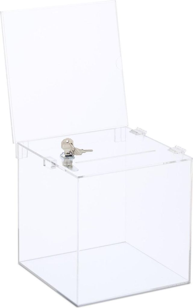 Spendenbox aus Acryl mit Schloss und Schilderhalter