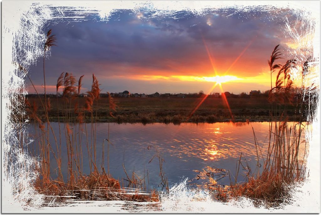 Kunstdrucke Wandbilder Holz in : Brillante Farben, Größe 60 x 90 cm Motiv Sonnenuntergang über dem Fluss, Gräser im Wind