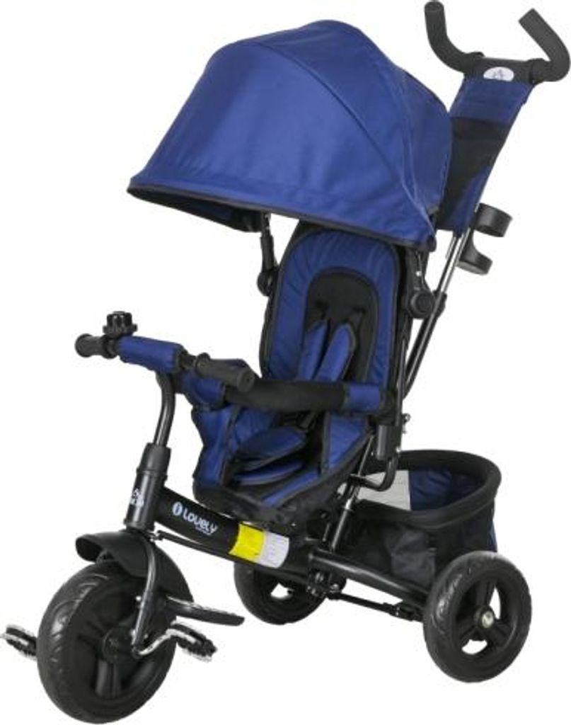 6-in-1 Dreirad 102x49x102 cm Mit Schubstange Abnehmbarem Sonnendach 5-Punkt-Sicherheitsgurt Kissen Korb Becherhalter Fuer Kinder 1-5 Jahre Dunkelblau