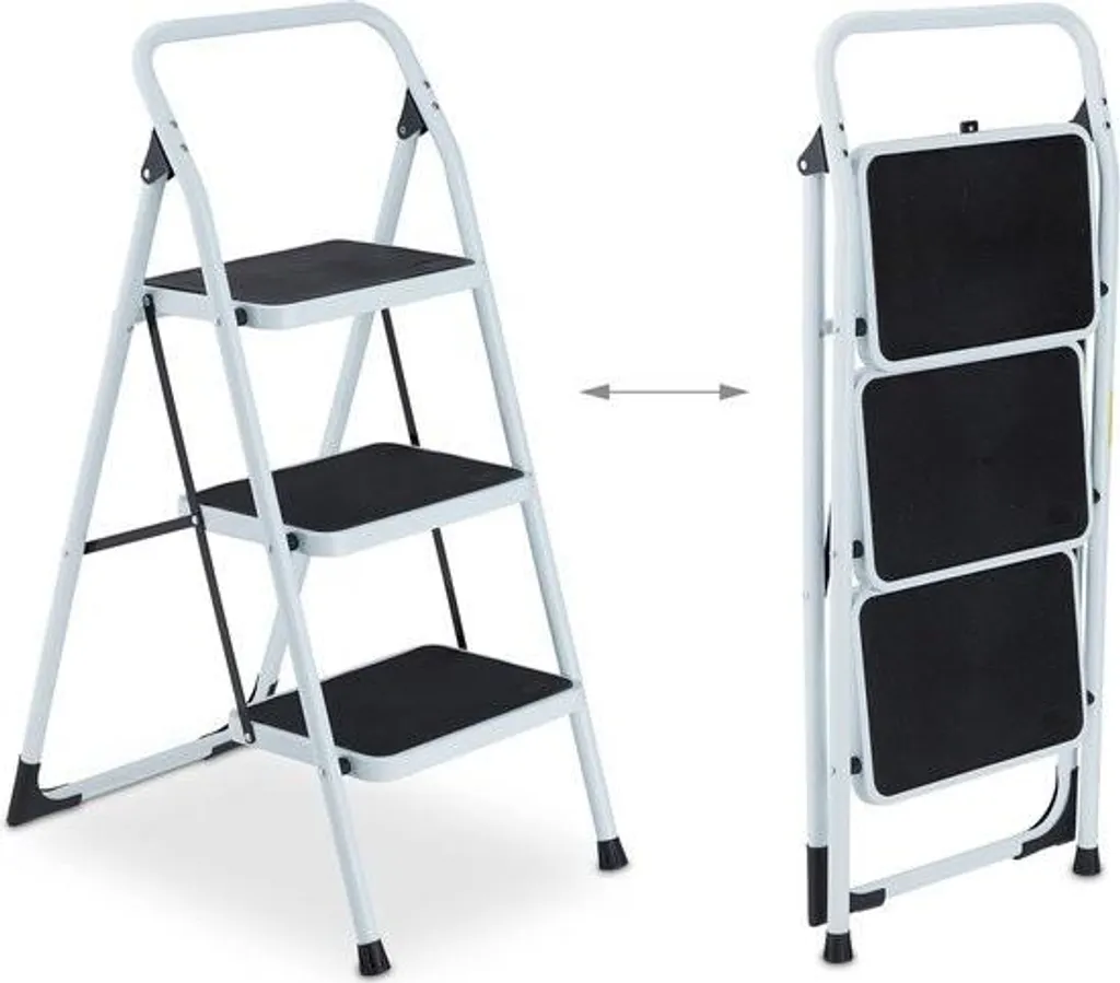 Petit escabeau pliant pour rangement haut, 3 marches acier blanc 150 kg